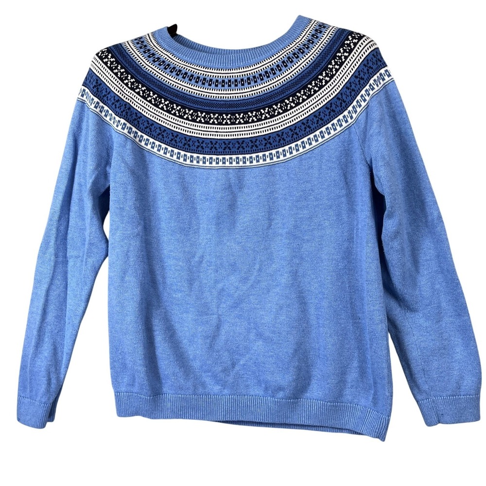 Talbots Womens L Blue Fair Isle Sweater Cotton Cashmere Blend Nordic Pullover